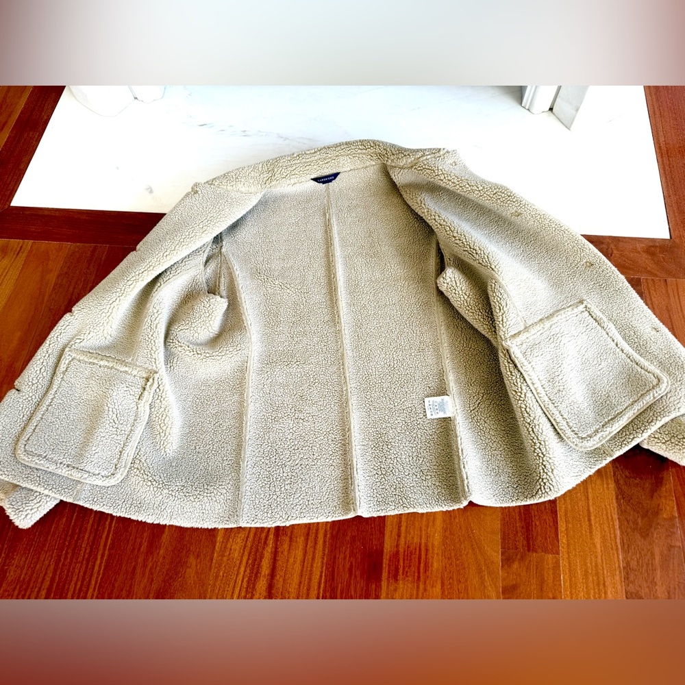 Women's Suede Sherpa Coat Jacket Lands End Cream FAUX Shearling Pea Coat Size L - Picture 4 of 16
